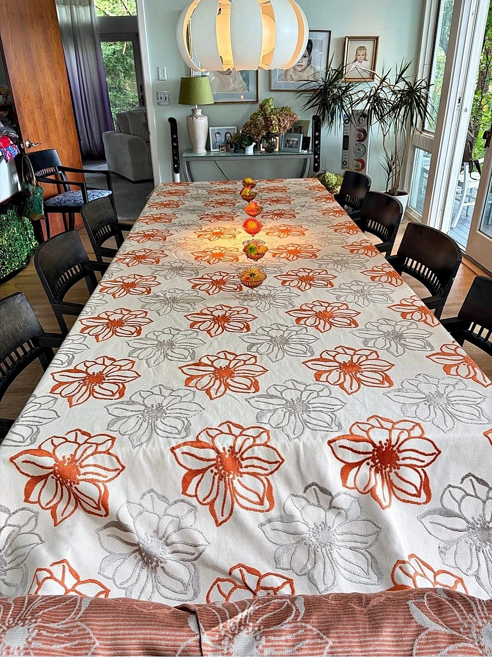 Floral Chenille Fabric Tablecloth in White & Orange